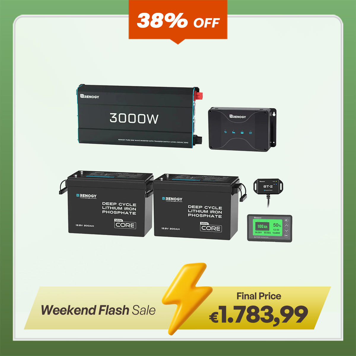 5,12kWh Caravan Power System | 3000W Inverter (EU Plug, 2-Pin), 200Ah Lithium Battery x2
