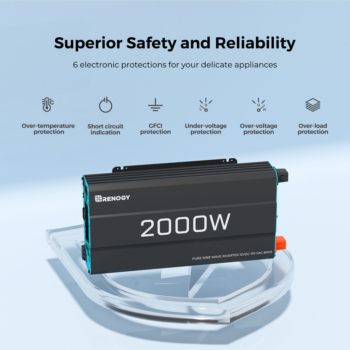 2000W 12V Solar Inverter Pure Sine Wave DC to AC for Camper Van Motorhome Off-Grid