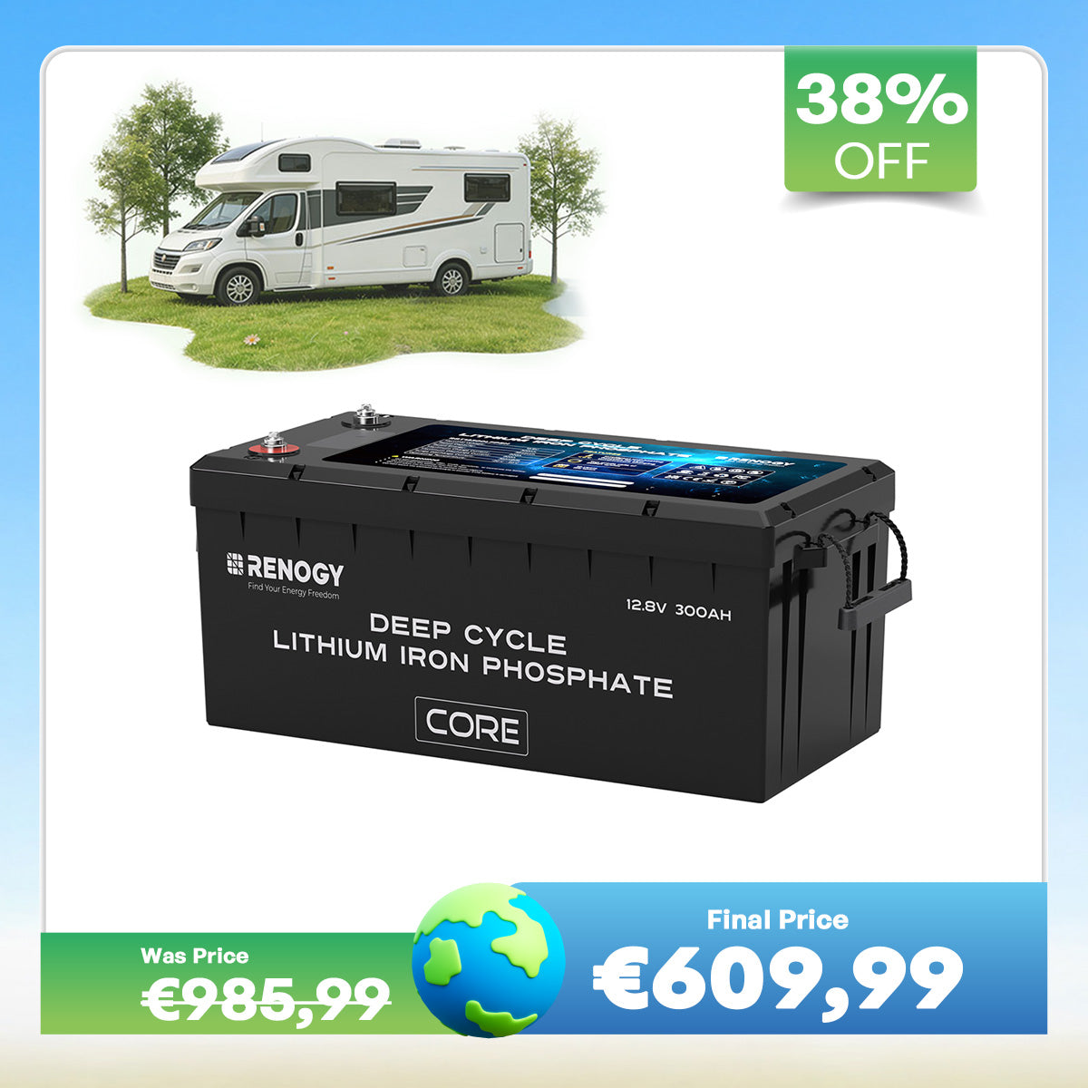 12V 300Ah Core Series Deep Cycle Lithium Iron Phosphate Battery w/Self-Heating New Version