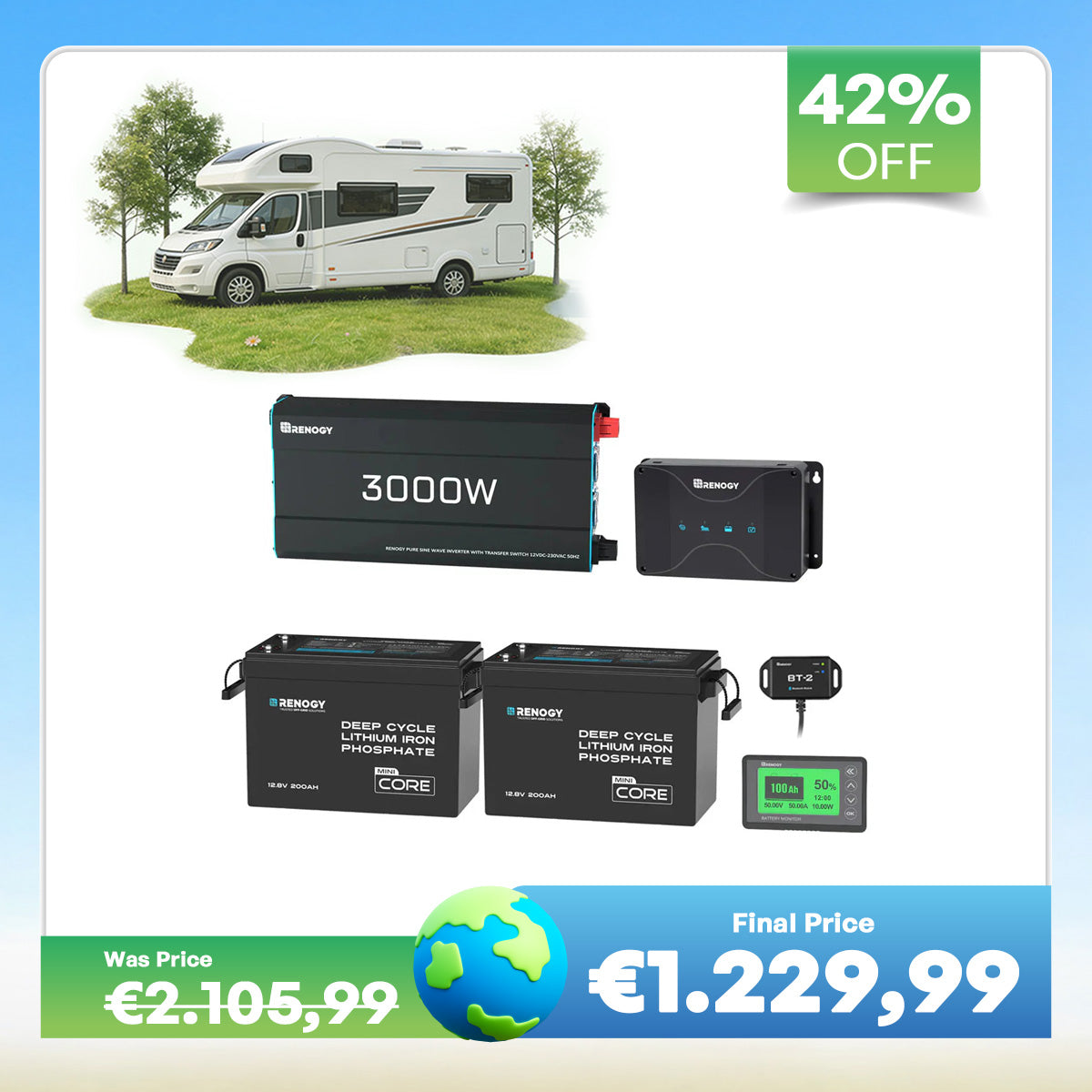 5,12kWh Caravan Power System | 3000W Inverter (EU Plug, 2-Pin), 200Ah Lithium Battery x2