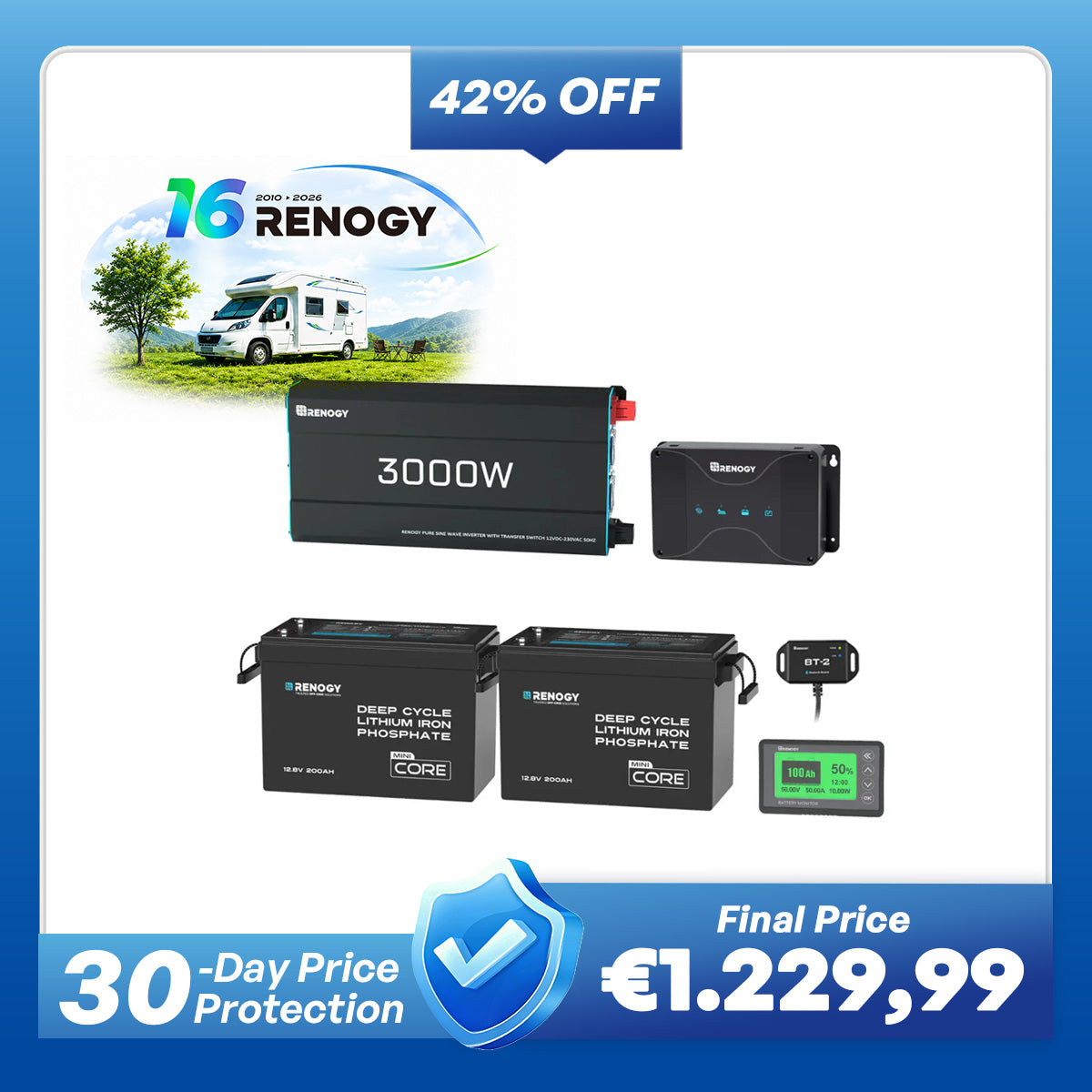 5,12kWh Caravan Power System | 3000W Inverter (EU Plug, 2-Pin), 200Ah Lithium Battery x2