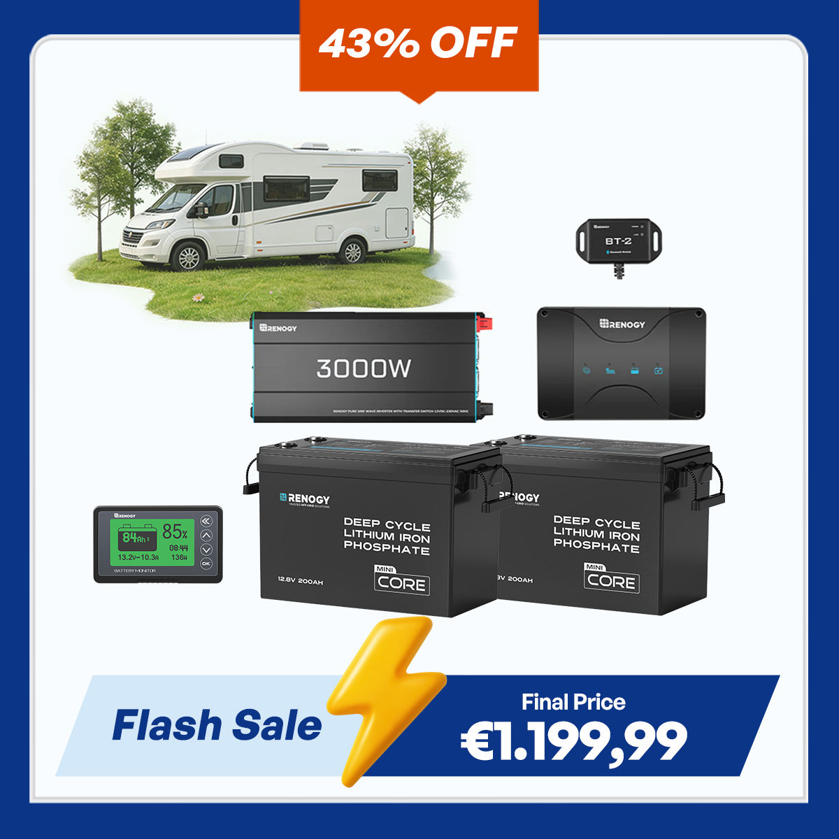 5,12kWh Caravan Power System | 3000W Inverter (EU Plug, 2-Pin), 200Ah Lithium Battery x2