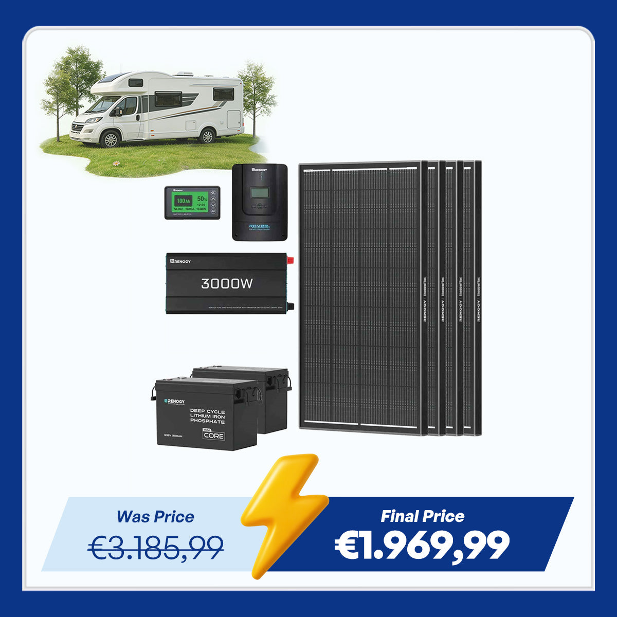 7,68Kwh Off-Grid Power System | 3000W Inverter, 300Ah Lithium Battery x2