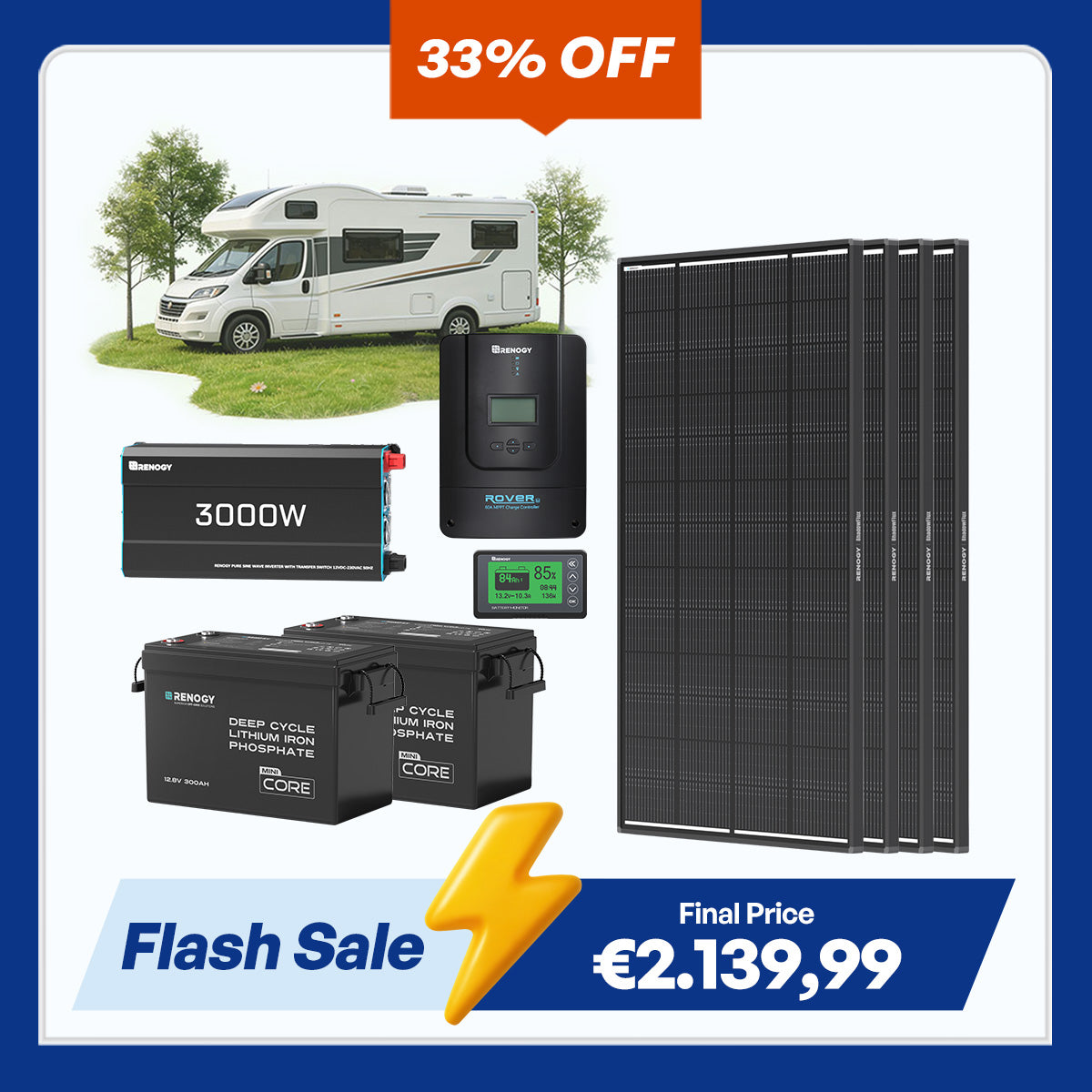 7,68Kwh Off-Grid Power System | 3000W Inverter, 300Ah Lithium Battery x2