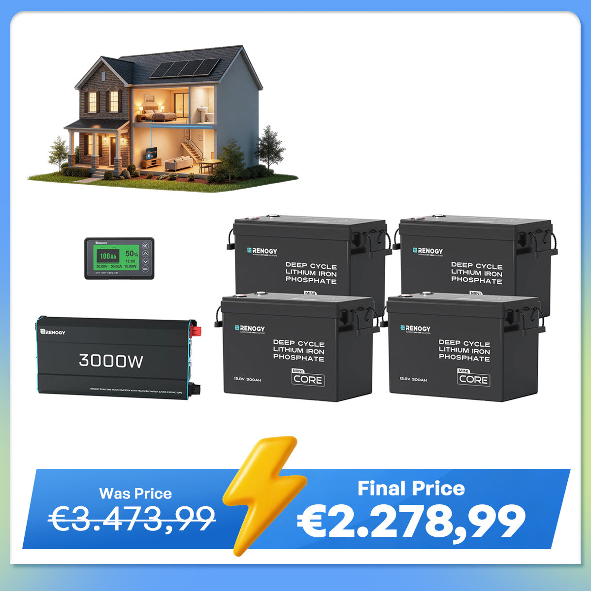 15,36Kwh Off-Grid Power System | 3000W Inverter, 4*300Ah Lithium Battery