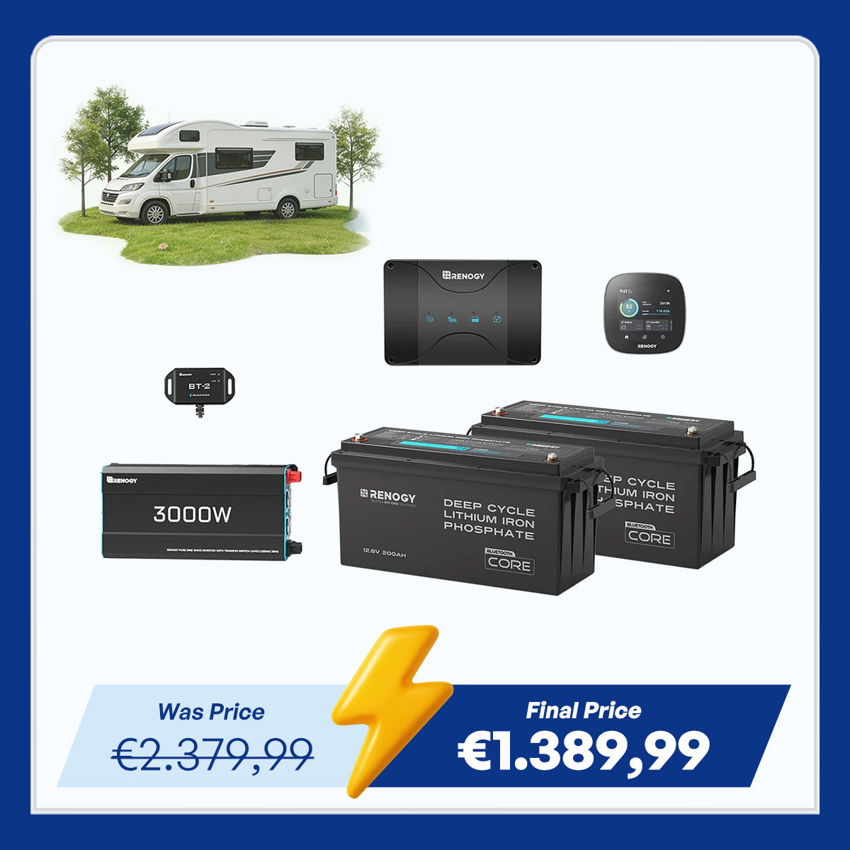 5,12kWh Caravan Power System | 3000W Inverter (EU Plug, 2-Pin), 200Ah Lithium Battery x2