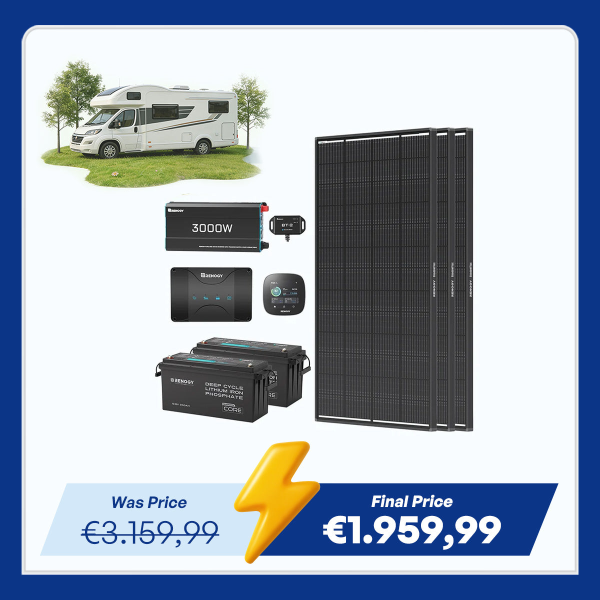 5,12kWh Caravan Power System | 3000W Inverter (EU Plug, 2-Pin), 200Ah Lithium Battery x2