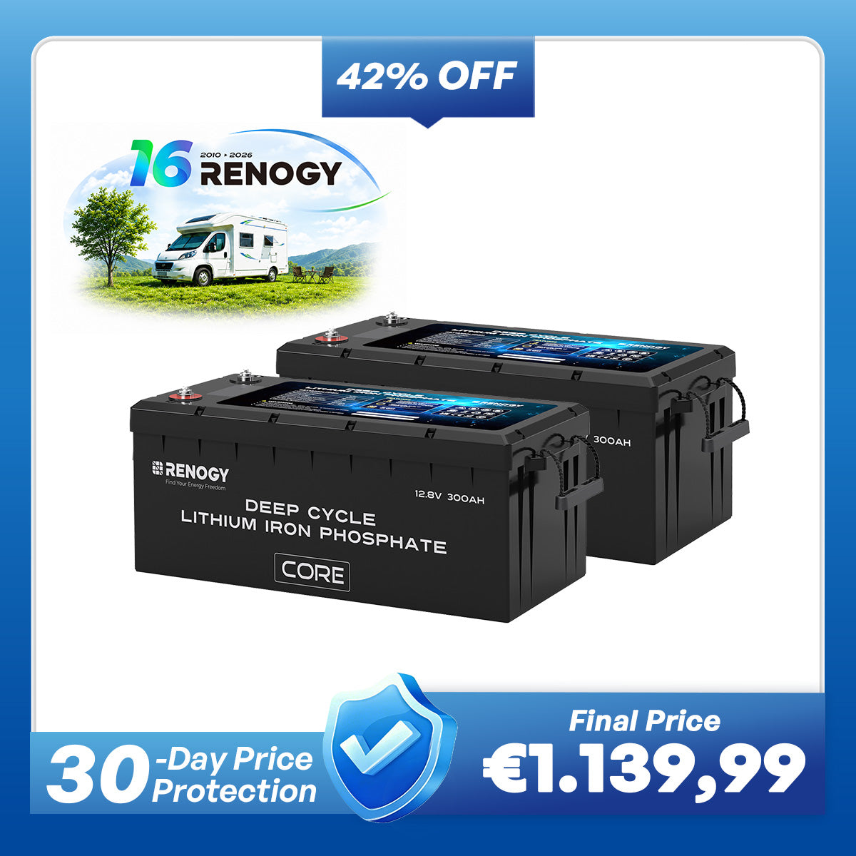 12V 300Ah Core Series Deep Cycle Lithium Iron Phosphate Battery w/Self-Heating New Version