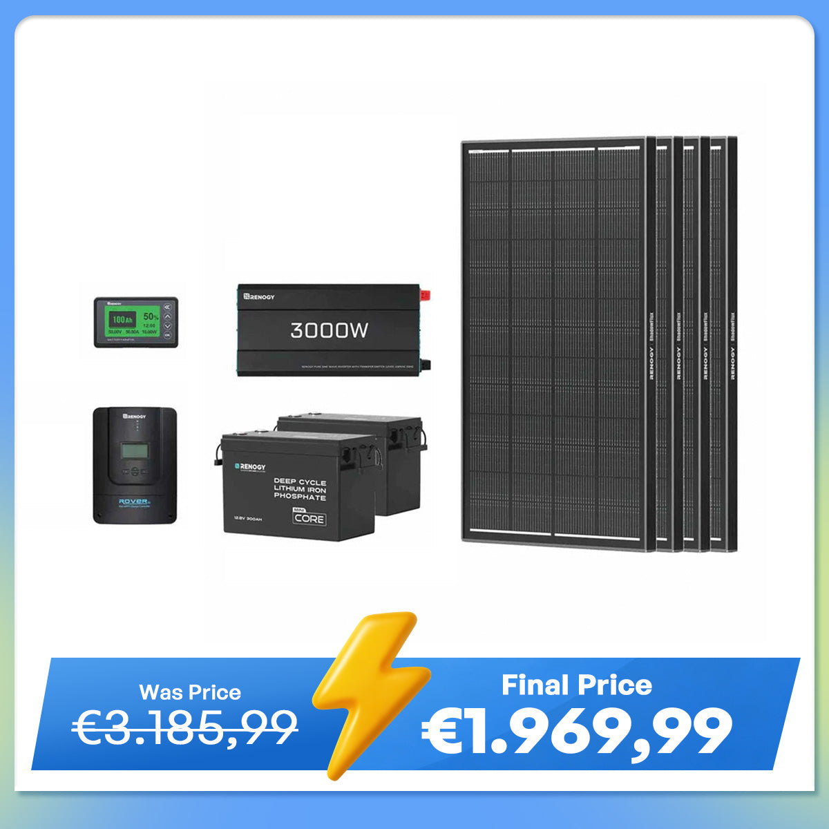 7,68Kwh Off-Grid Power System | 2x300Ah Lithium Battery, 3000W Inverter