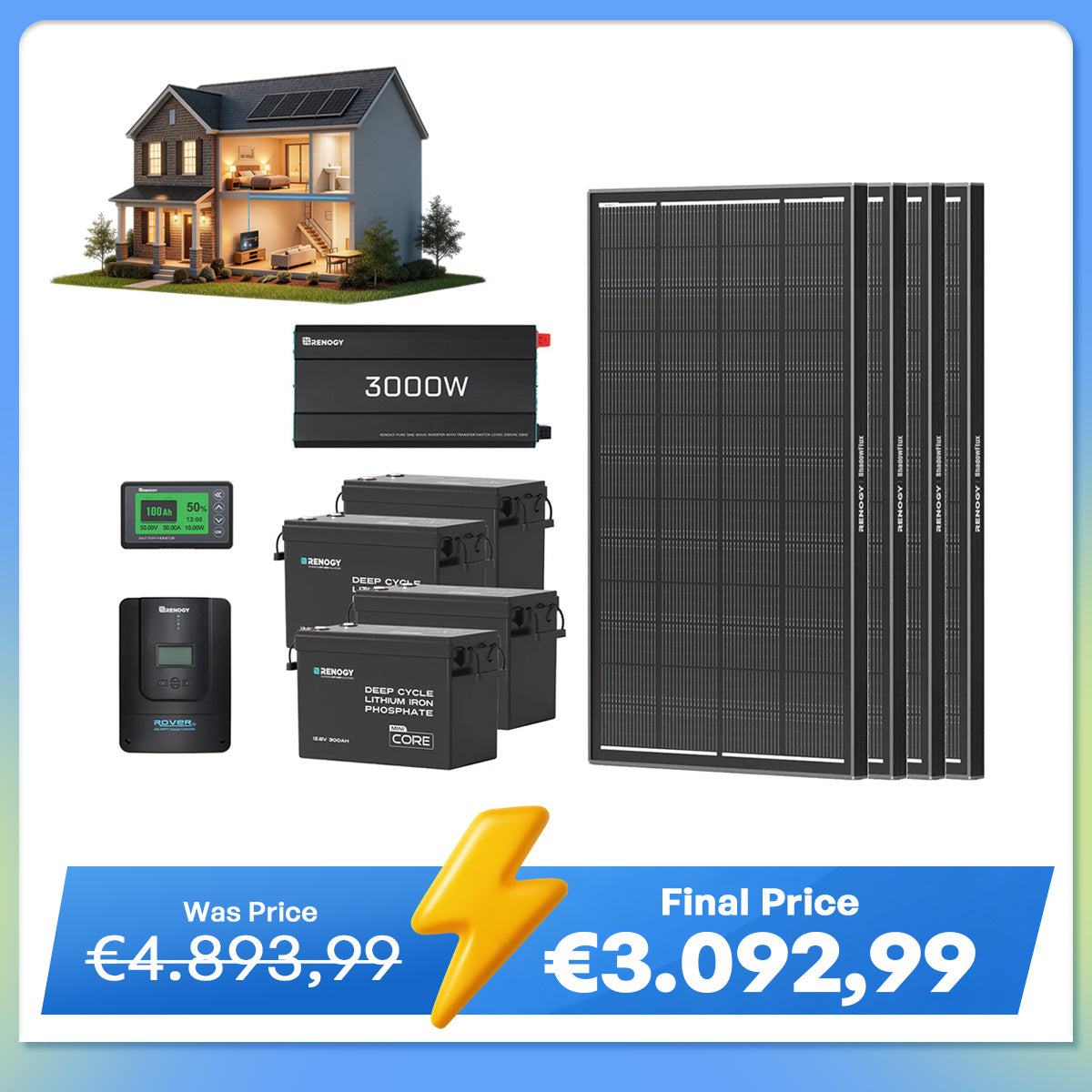 15,36Kwh Off-Grid Power System | 3000W Inverter, 4*300Ah Lithium Battery