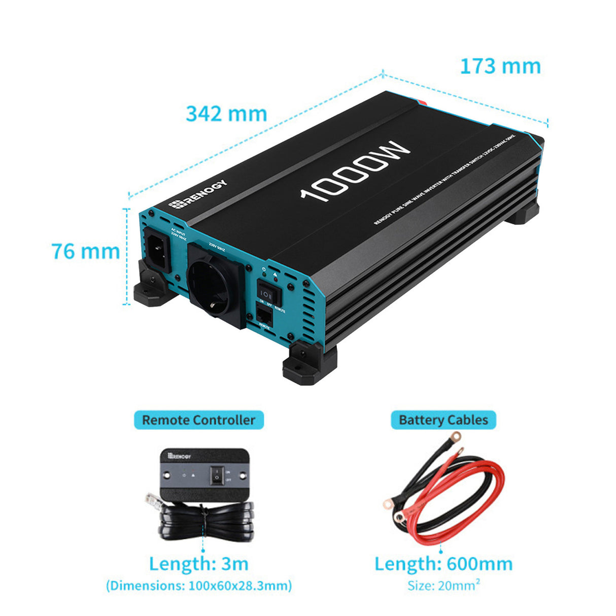 1000W 12V Solar Inverter Pure Sine Wave DC to AC for Camper Van Motorhome Off-Grid