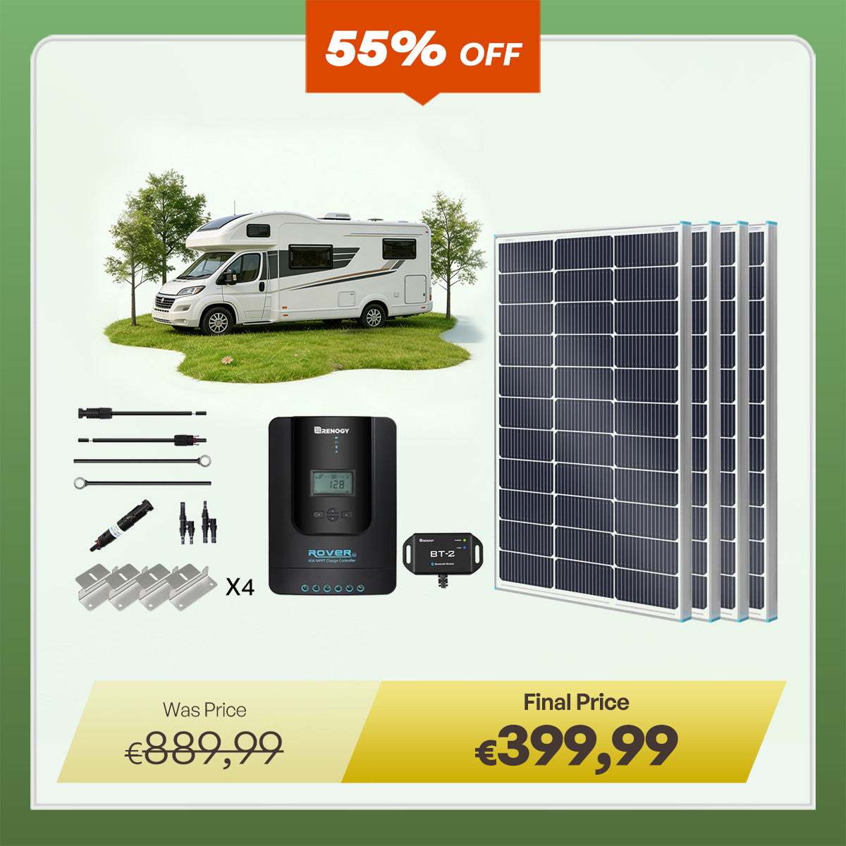 400W 12V/24V Solar Premium Kit w/Rover 40A MPPT Charger Controller for Camper RV Caravan Boat System Off Grid